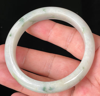 Natural Certified Burmese Jadeite Jade Bangle – Icy Greyish Milky White with Imperial Green & Honey Hues – 56.8mm – JB072