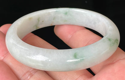 Natural Certified Burmese Jadeite Jade Bangle – Icy Greyish Milky White with Imperial Green & Honey Hues – 56.8mm – JB072