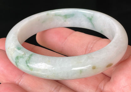 Natural Certified Burmese Jadeite Jade Bangle – Icy Greyish Milky White with Imperial Green & Honey Hues – 56.8mm – JB072