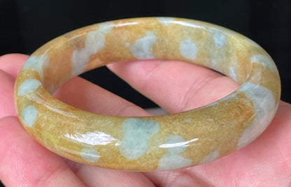 Natural Certified Burmese Jadeite Jade Bangle – Icy Honey & Brown with Bluish Milky White Hues – 58.4mm – JB075