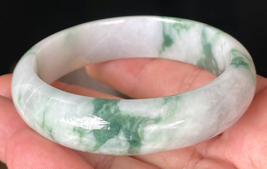 Natural Certified Burmese Jadeite Jade Bangle – Icy Greyish Milky White & Imperial Green – 58.3mm – JB086