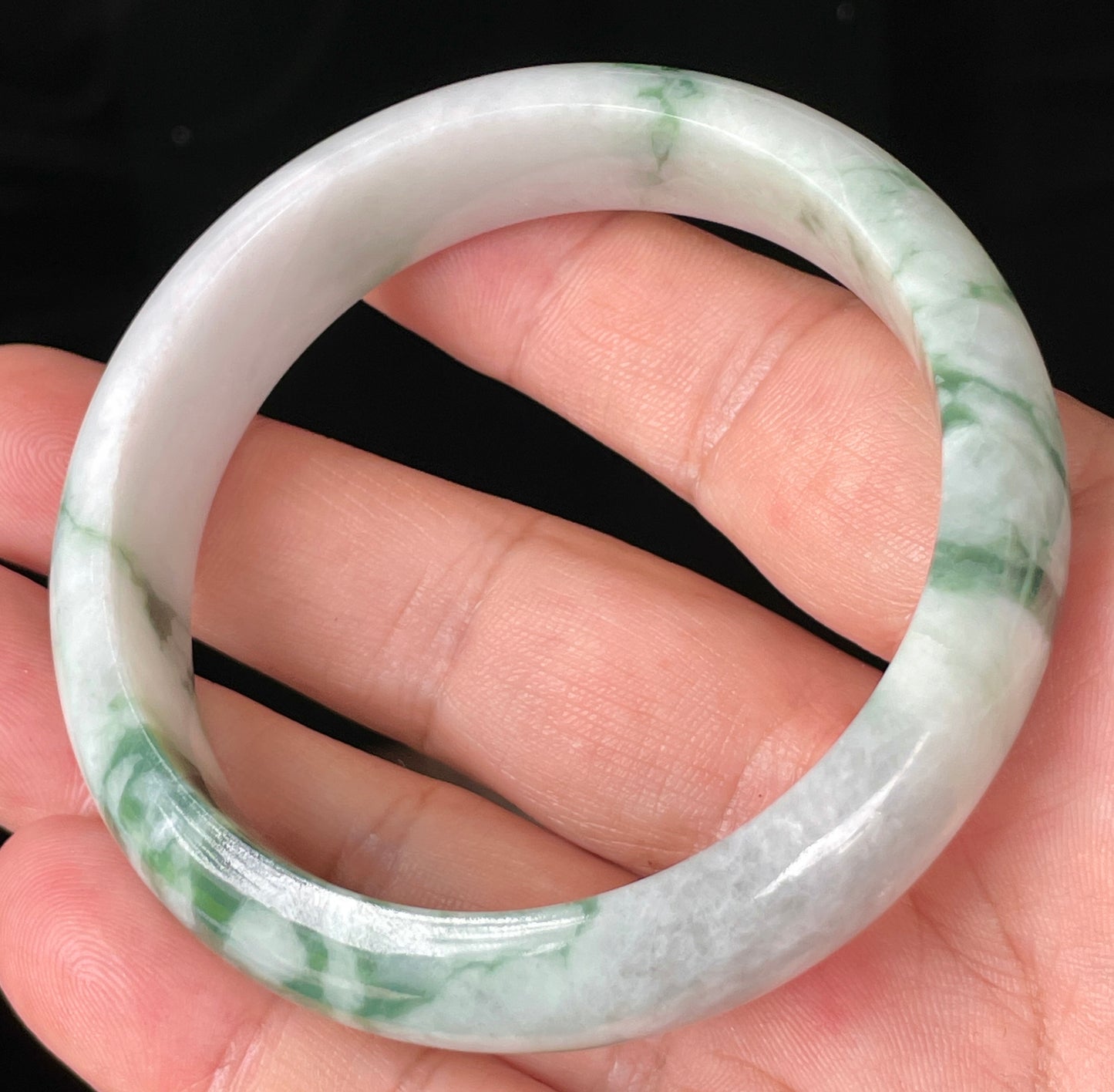 Natural Certified Burmese Jadeite Jade Bangle – Icy Greyish Milky White & Imperial Green – 58.3mm – JB086