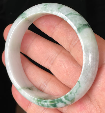Natural Certified Burmese Jadeite Jade Bangle – Icy Greyish Milky White & Imperial Green – 58.3mm – JB086