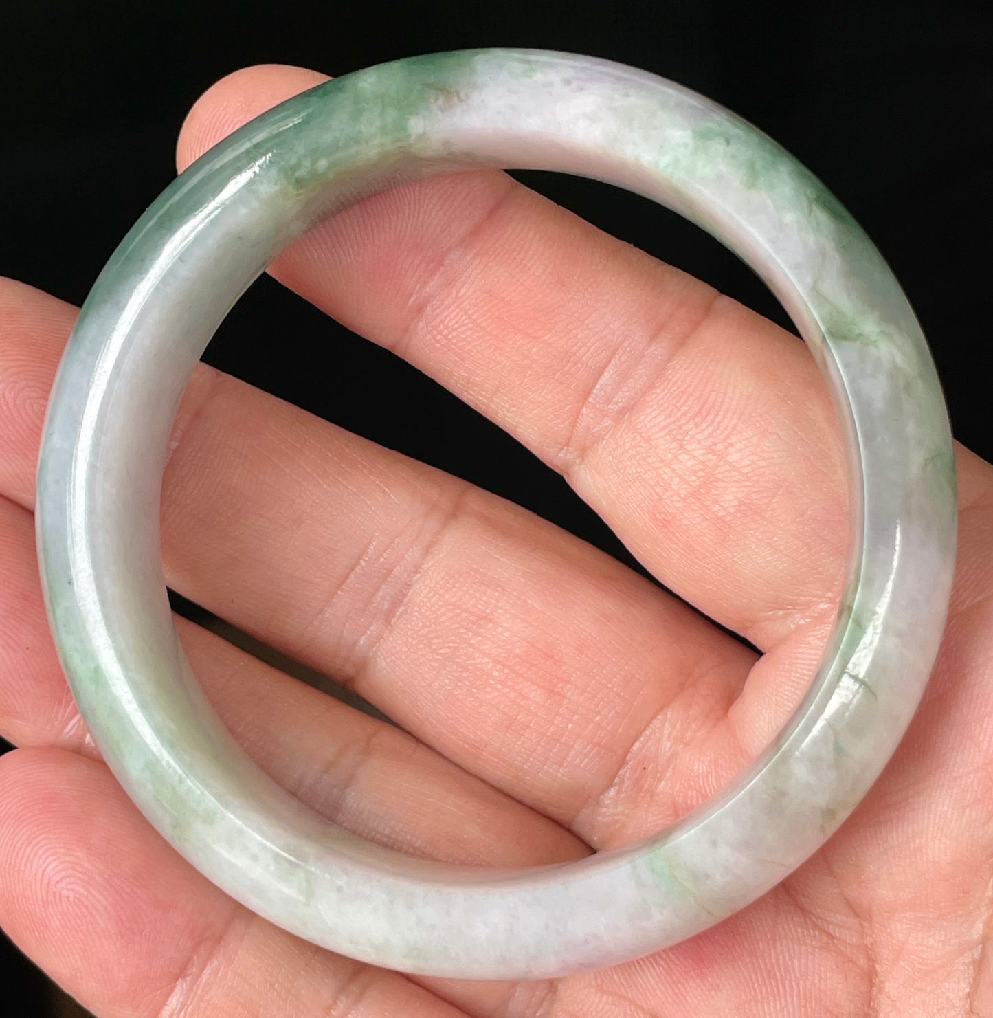 Natural Certified Burmese Jadeite Jade Bangle – Icy Greyish Milky White with Apple Green, Imperial Green & Lavender Hues – 57mm – JB088