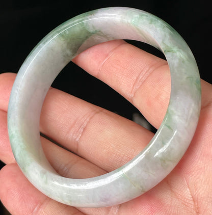 Natural Certified Burmese Jadeite Jade Bangle – Icy Greyish Milky White with Apple Green, Imperial Green & Lavender Hues – 57mm – JB088