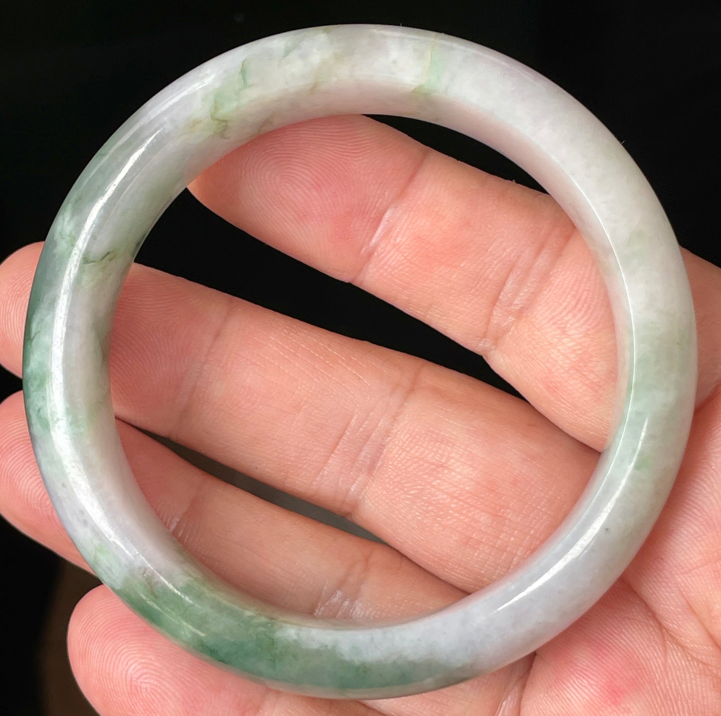 Natural Certified Burmese Jadeite Jade Bangle – Icy Greyish Milky White with Apple Green, Imperial Green & Lavender Hues – 57mm – JB088