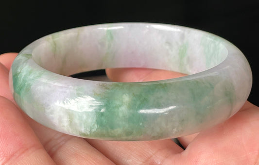Natural Certified Burmese Jadeite Jade Bangle – Icy Greyish Milky White with Apple Green, Imperial Green & Lavender Hues – 57mm – JB088