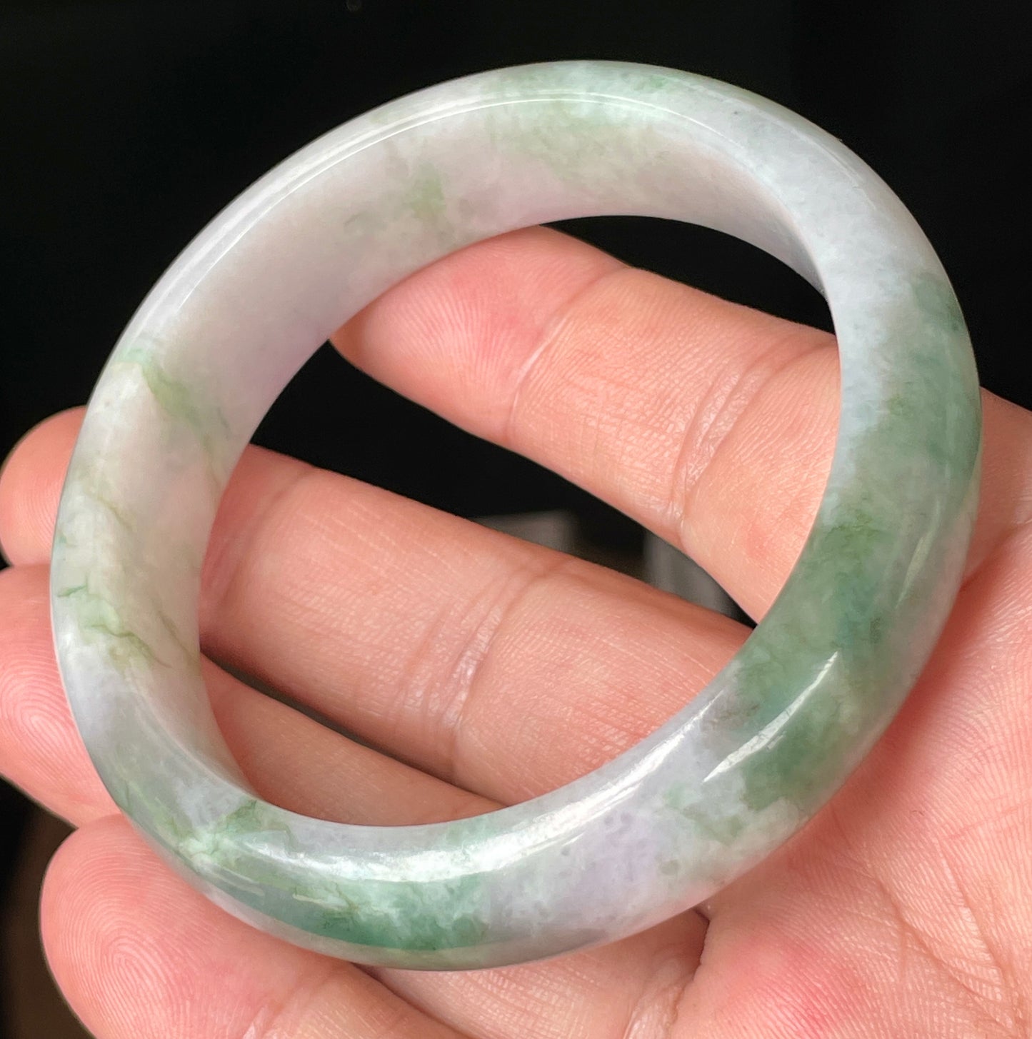 Natural Certified Burmese Jadeite Jade Bangle – Icy Greyish Milky White with Apple Green, Imperial Green & Lavender Hues – 57mm – JB088
