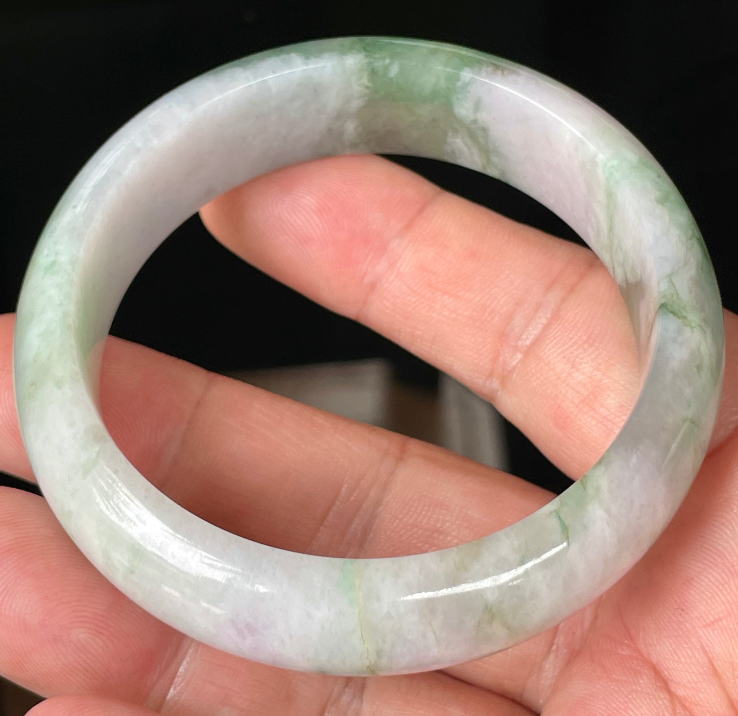 Natural Certified Burmese Jadeite Jade Bangle – Icy Greyish Milky White with Apple Green, Imperial Green & Lavender Hues – 57mm – JB088