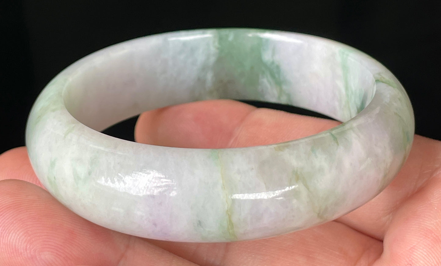 Natural Certified Burmese Jadeite Jade Bangle – Icy Greyish Milky White with Apple Green, Imperial Green & Lavender Hues – 57mm – JB088