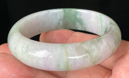 Natural Certified Burmese Jadeite Jade Bangle – Icy Greyish Milky White with Apple Green, Imperial Green & Lavender Hues – 57mm – JB088
