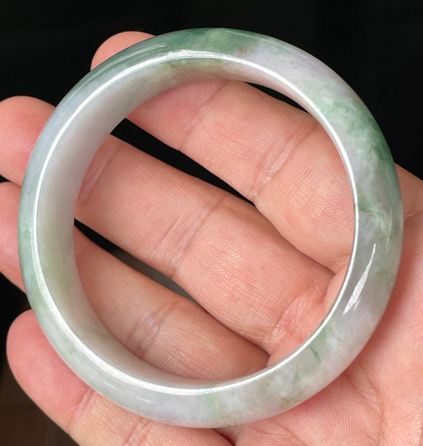 Natural Certified Burmese Jadeite Jade Bangle – Icy Greyish Milky White with Apple Green, Imperial Green & Lavender Hues – 57mm – JB088