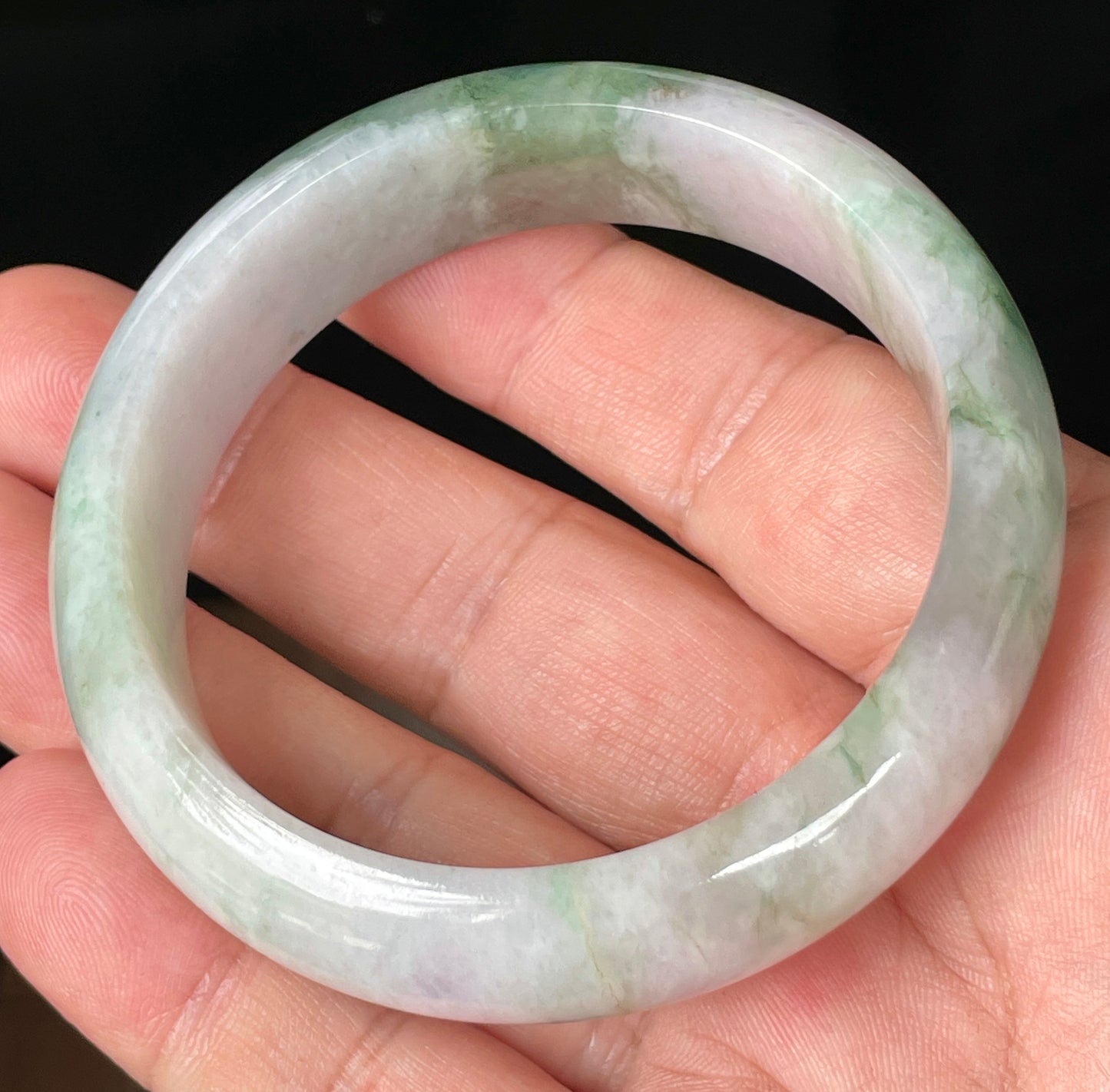 Natural Certified Burmese Jadeite Jade Bangle – Icy Greyish Milky White with Apple Green, Imperial Green & Lavender Hues – 57mm – JB088