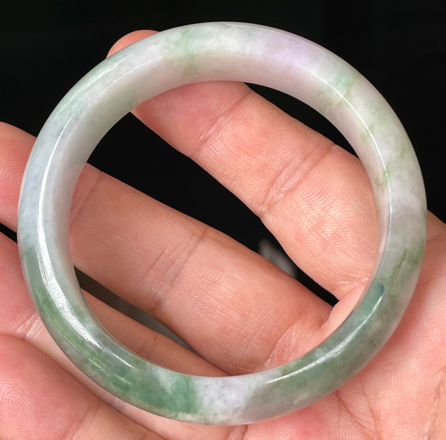 Natural Certified Burmese Jadeite Jade Bangle – Icy Greyish Milky White with Apple Green, Imperial Green & Lavender Hues – 57mm – JB088