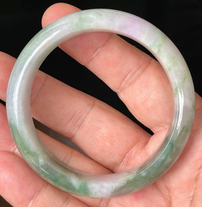 Natural Certified Burmese Jadeite Jade Bangle – Icy Greyish Milky White with Apple Green, Imperial Green & Lavender Hues – 57mm – JB088