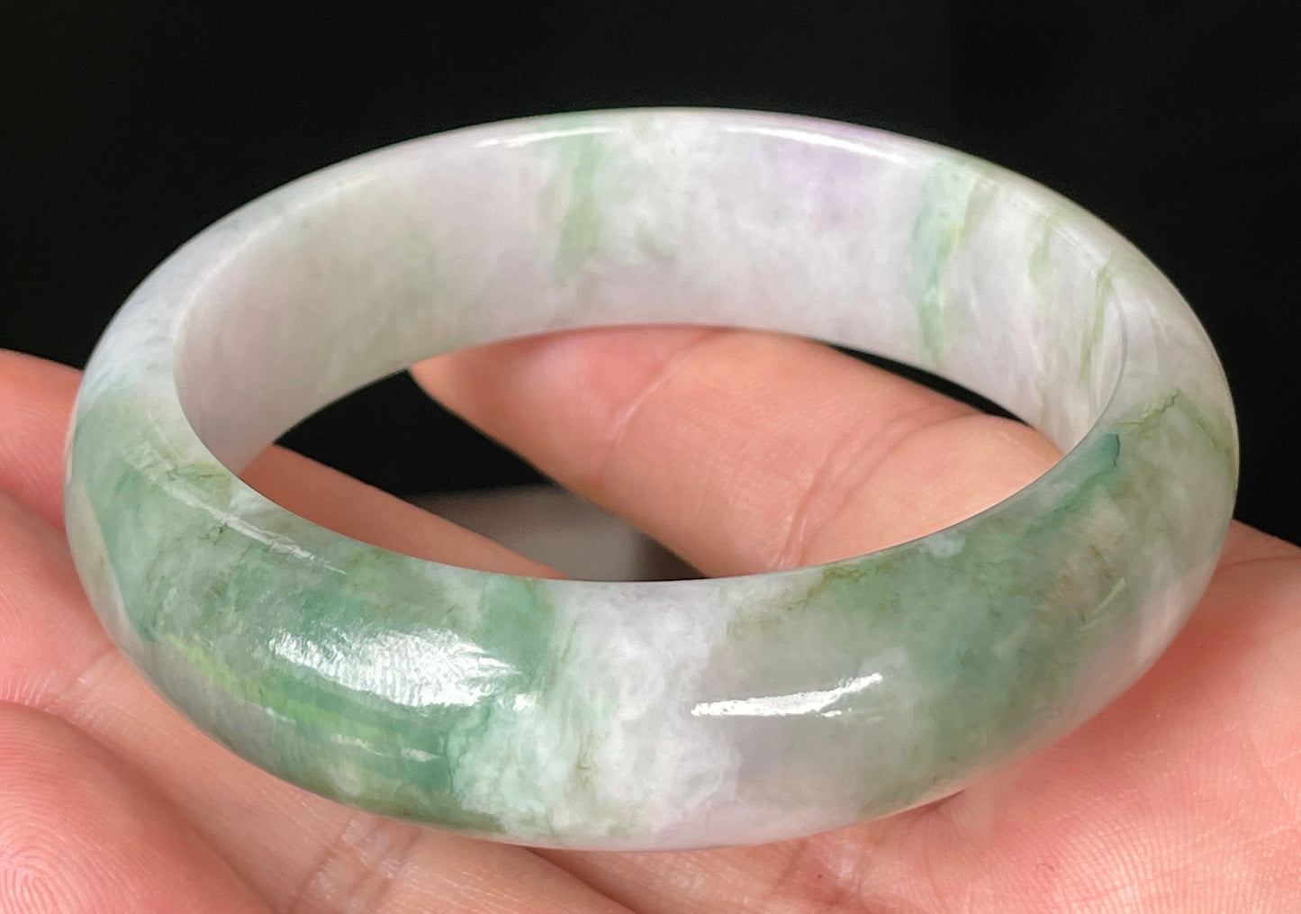 Natural Certified Burmese Jadeite Jade Bangle – Icy Greyish Milky White with Apple Green, Imperial Green & Lavender Hues – 57mm – JB088