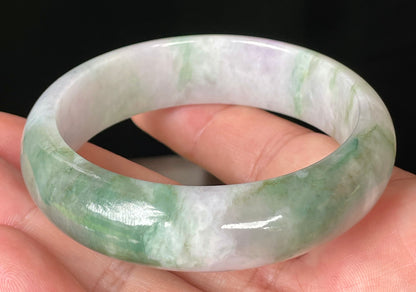 Natural Certified Burmese Jadeite Jade Bangle – Icy Greyish Milky White with Apple Green, Imperial Green & Lavender Hues – 57mm – JB088