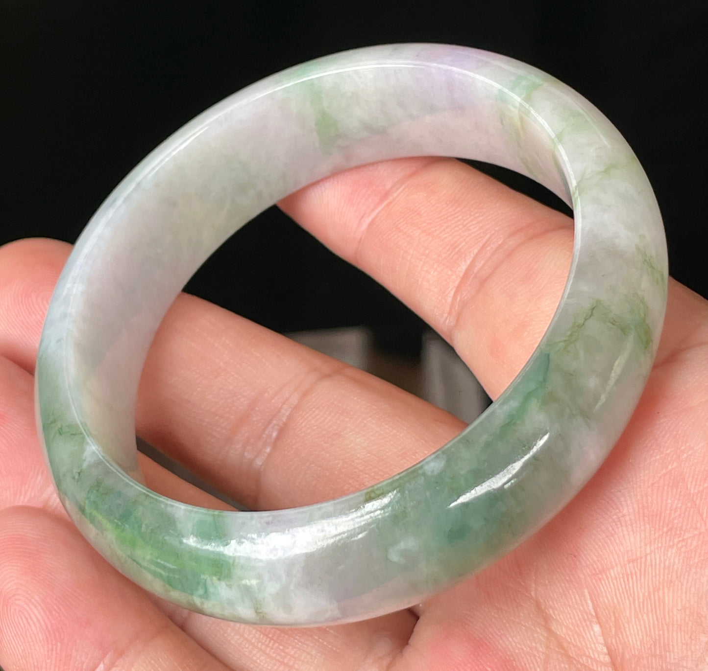 Natural Certified Burmese Jadeite Jade Bangle – Icy Greyish Milky White with Apple Green, Imperial Green & Lavender Hues – 57mm – JB088