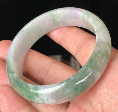 Natural Certified Burmese Jadeite Jade Bangle – Icy Greyish Milky White with Apple Green, Imperial Green & Lavender Hues – 57mm – JB088