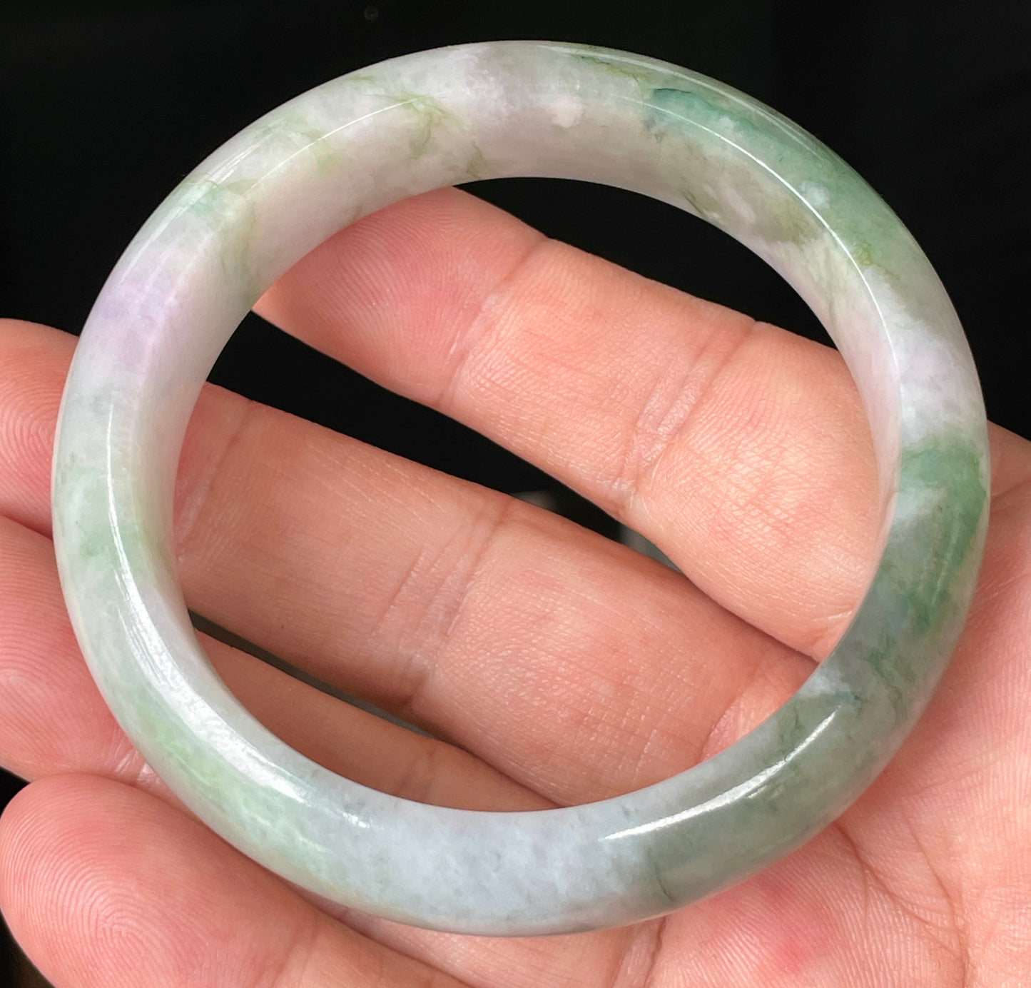 Natural Certified Burmese Jadeite Jade Bangle – Icy Greyish Milky White with Apple Green, Imperial Green & Lavender Hues – 57mm – JB088