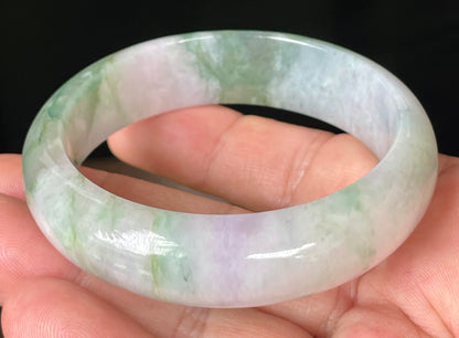 Natural Certified Burmese Jadeite Jade Bangle – Icy Greyish Milky White with Apple Green, Imperial Green & Lavender Hues – 57mm – JB088