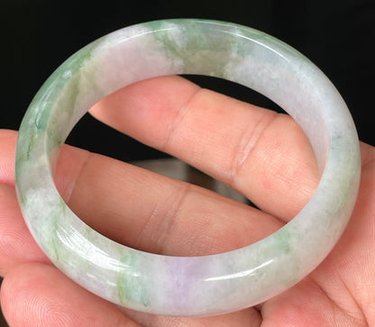 Natural Certified Burmese Jadeite Jade Bangle – Icy Greyish Milky White with Apple Green, Imperial Green & Lavender Hues – 57mm – JB088