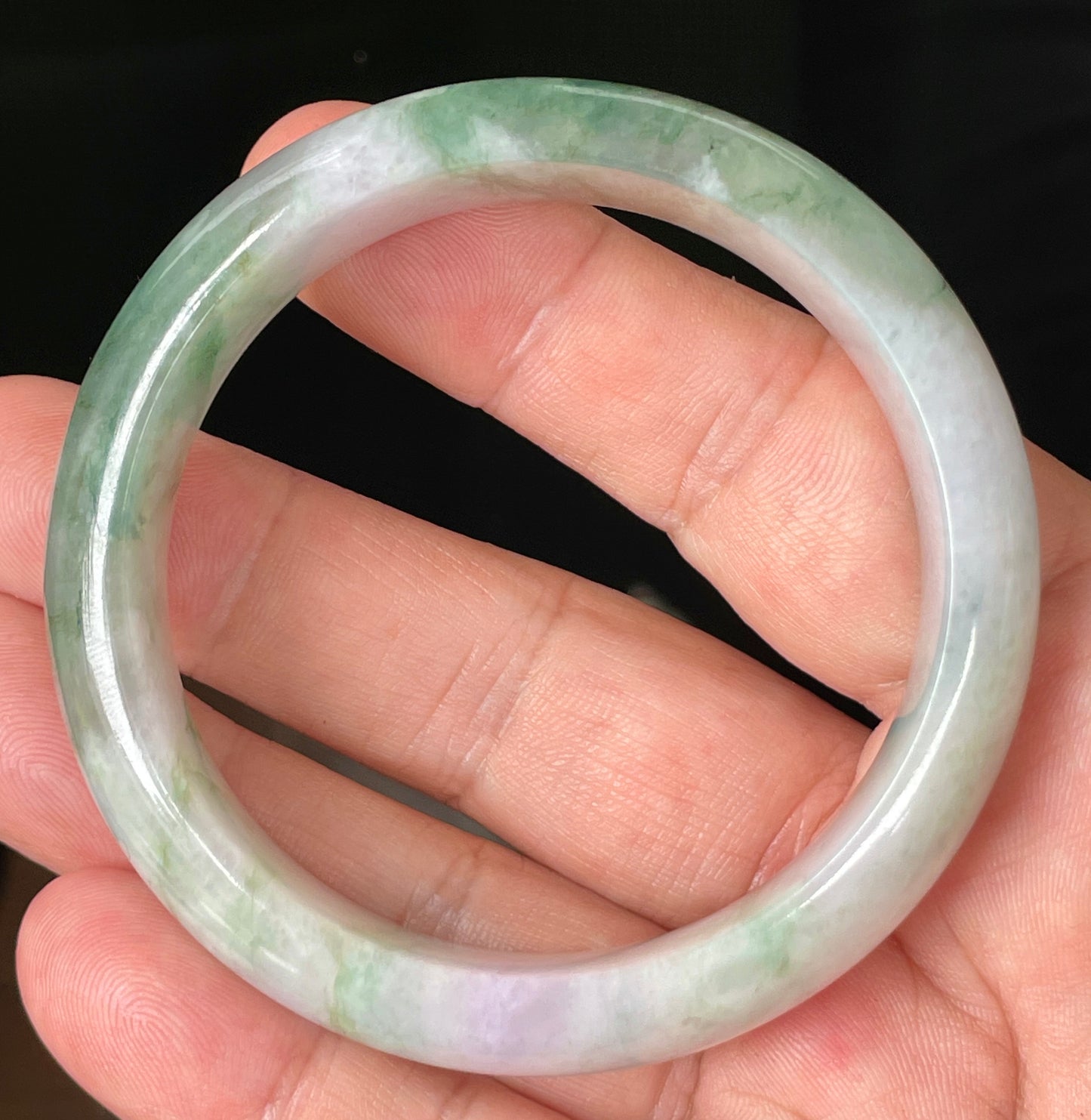 Natural Certified Burmese Jadeite Jade Bangle – Icy Greyish Milky White with Apple Green, Imperial Green & Lavender Hues – 57mm – JB088