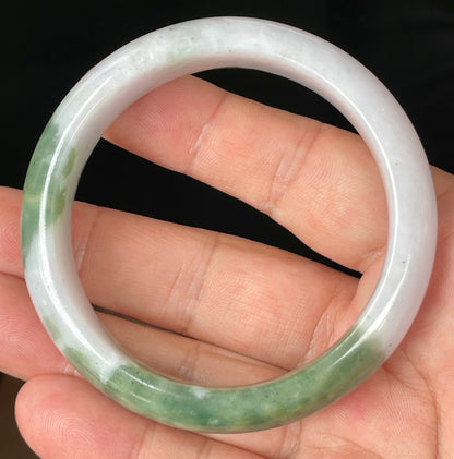 Natural Certified Burmese Jadeite Jade Bangle – Icy Greyish Milky White with Apple Imperial Green hues – 58.5mm – JB085