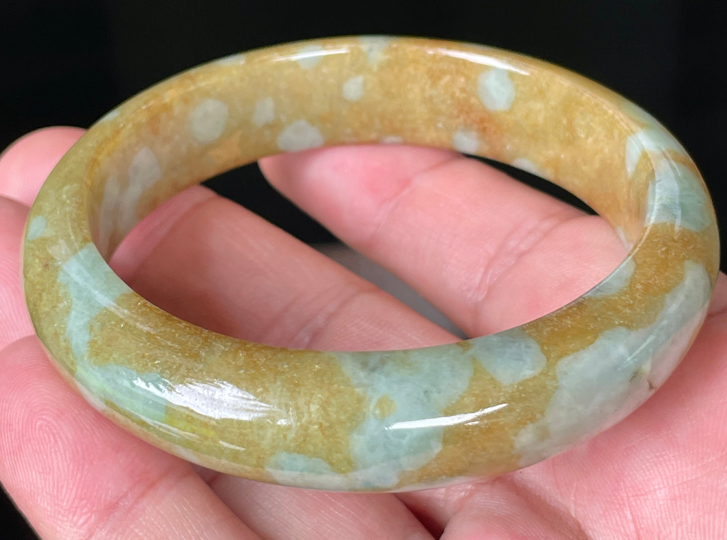 Natural Certified Burmese Jadeite Jade Bangle – Icy Honey and Brown with Bluish and Milky White Hues – 58.6mm – JB094