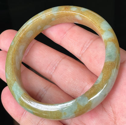 Natural Certified Burmese Jadeite Jade Bangle – Icy Honey and Brown with Bluish and Milky White Hues – 58.6mm – JB094