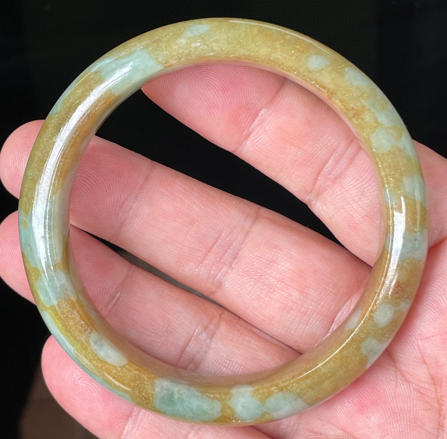 Natural Certified Burmese Jadeite Jade Bangle – Icy Honey and Brown with Bluish and Milky White Hues – 58.6mm – JB094