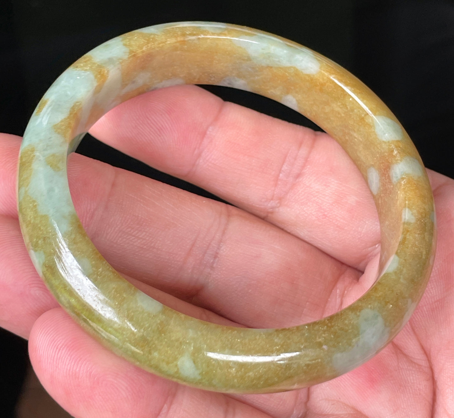 Natural Certified Burmese Jadeite Jade Bangle – Icy Honey and Brown with Bluish and Milky White Hues – 58.6mm – JB094
