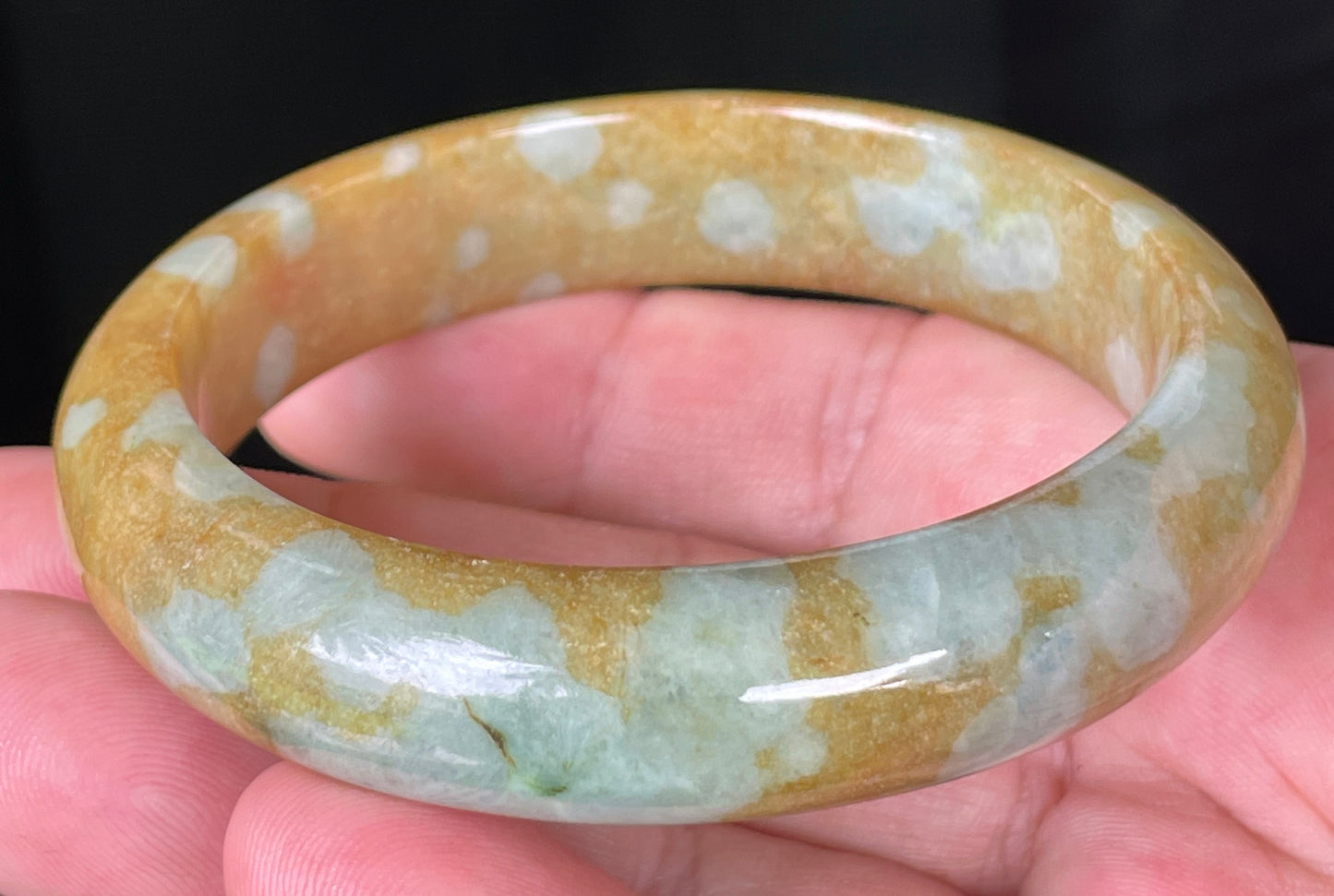Natural Certified Burmese Jadeite Jade Bangle – Icy Honey and Brown with Bluish and Milky White Hues – 58.6mm – JB094