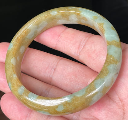Natural Certified Burmese Jadeite Jade Bangle – Icy Honey and Brown with Bluish and Milky White Hues – 58.6mm – JB094