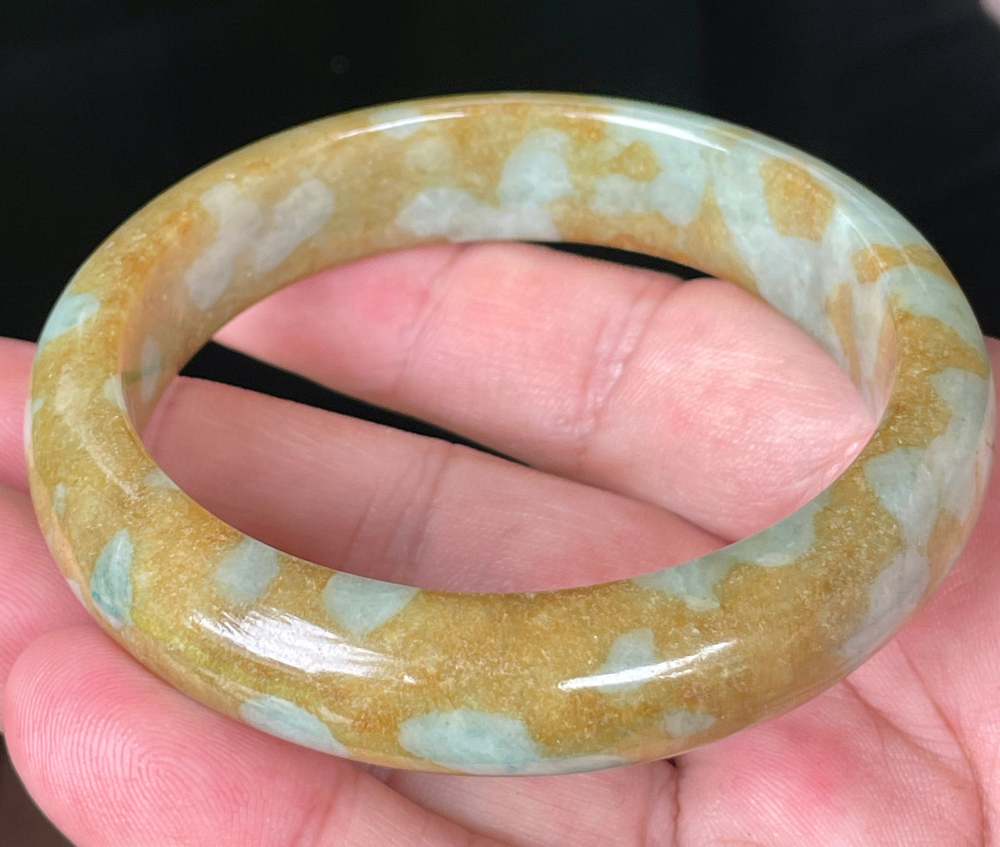 Natural Certified Burmese Jadeite Jade Bangle – Icy Honey and Brown with Bluish and Milky White Hues – 58.6mm – JB094