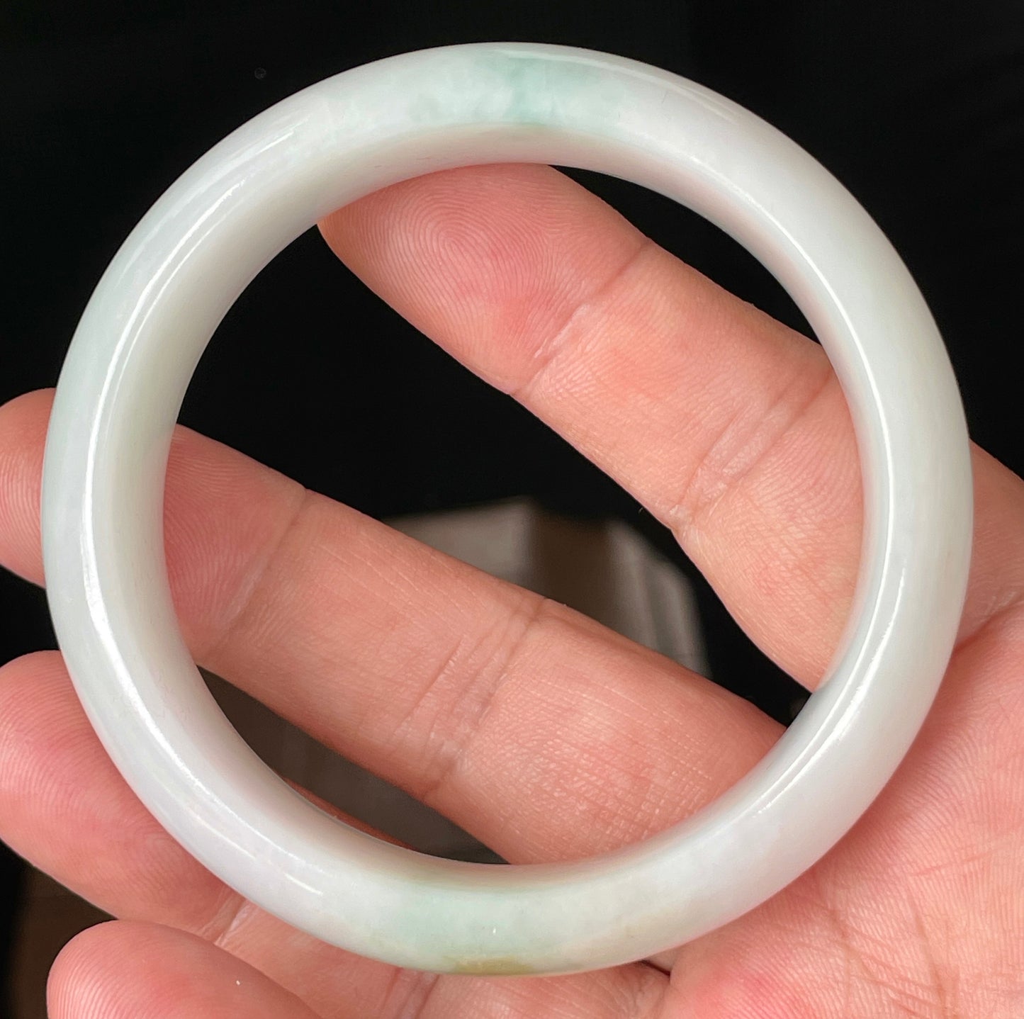 Natural Certified Burmese Jadeite Jade Bangle – Icy Milky White with Light Apple and Forest Green Hues – 58.3mm – JB082
