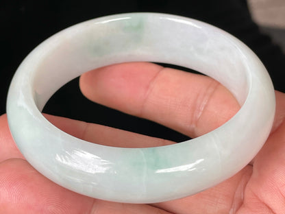 Natural Certified Burmese Jadeite Jade Bangle – Icy Milky White with Light Apple and Forest Green Hues – 58.3mm – JB082
