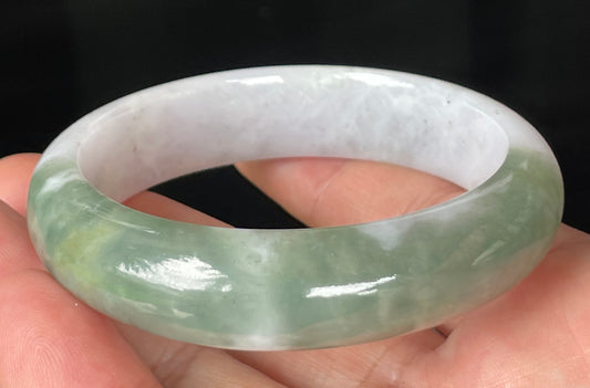 Natural Certified Burmese Jadeite Jade Bangle – Icy Greyish Milky White with Apple and Imperial Green Hues – 58.5mm – JB096