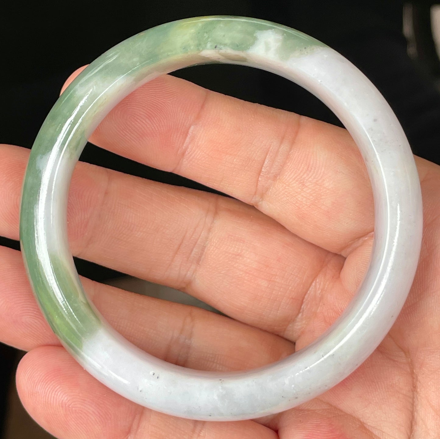 Natural Certified Burmese Jadeite Jade Bangle – Icy Greyish Milky White with Apple and Imperial Green Hues – 58.5mm – JB096