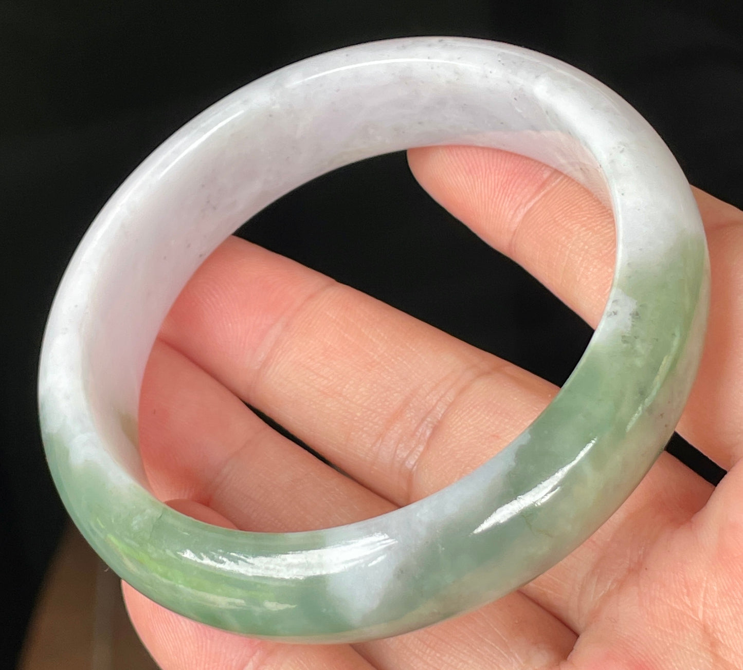 Natural Certified Burmese Jadeite Jade Bangle – Icy Greyish Milky White with Apple and Imperial Green Hues – 58.5mm – JB096