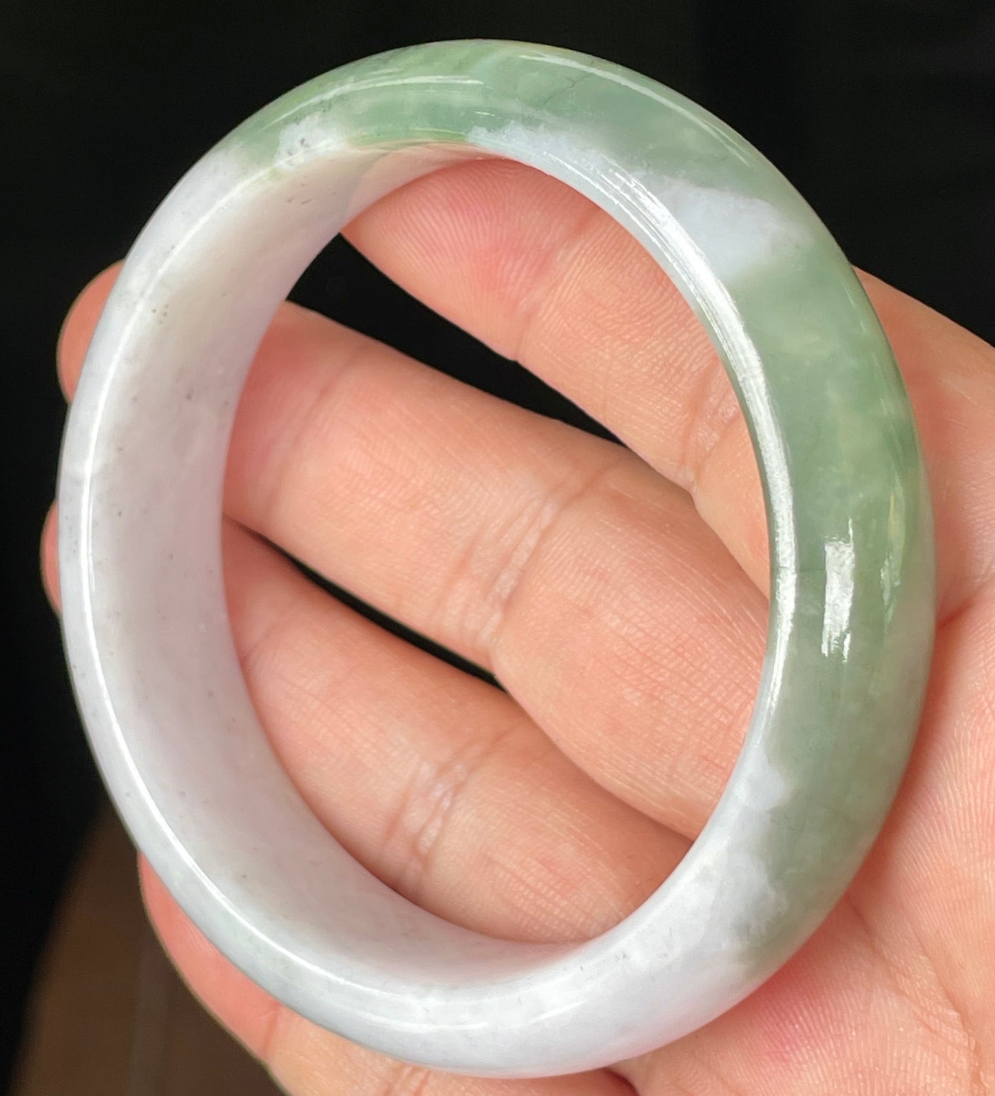 Natural Certified Burmese Jadeite Jade Bangle – Icy Greyish Milky White with Apple and Imperial Green Hues – 58.5mm – JB096