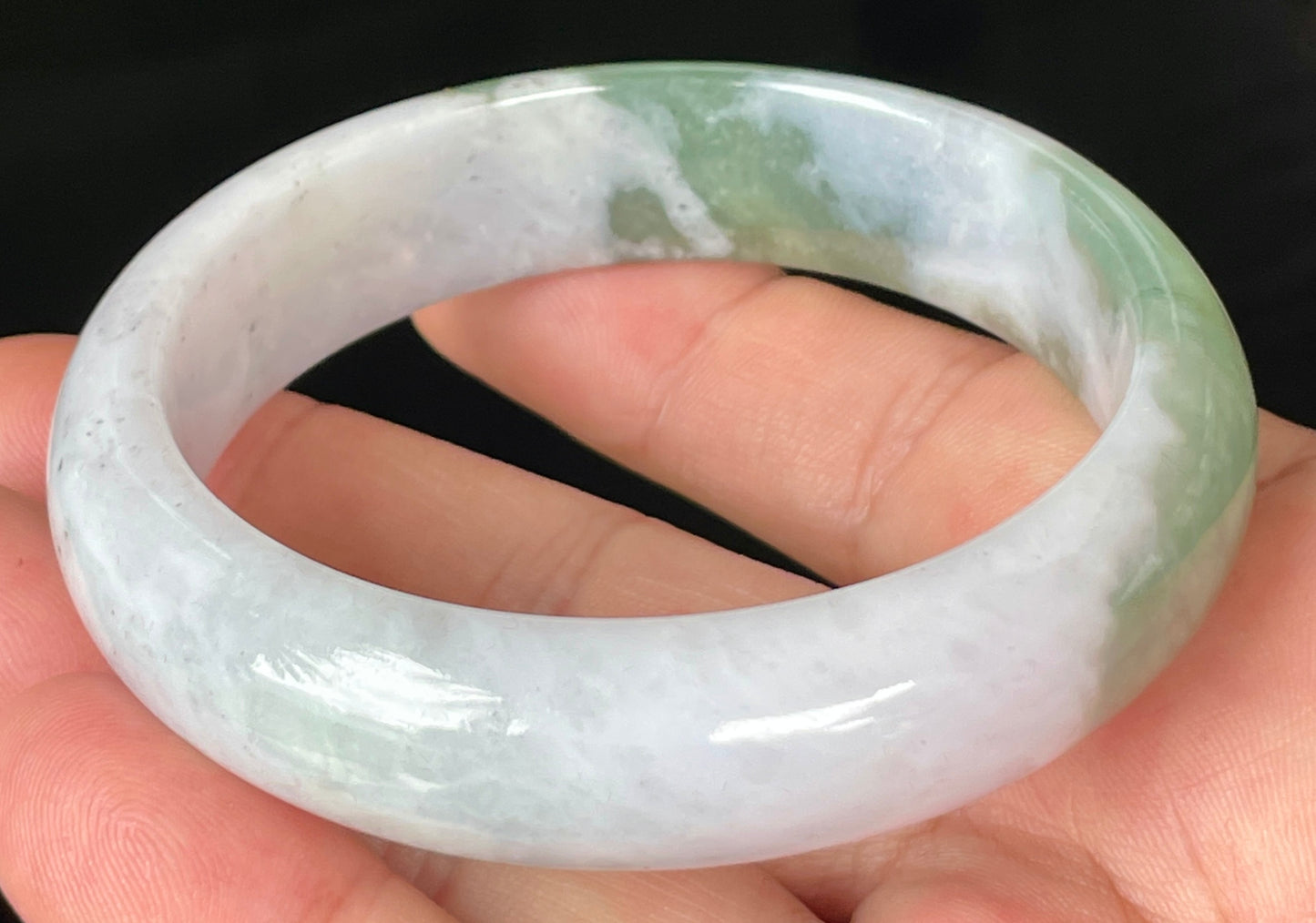 Natural Certified Burmese Jadeite Jade Bangle – Icy Greyish Milky White with Apple and Imperial Green Hues – 58.5mm – JB096