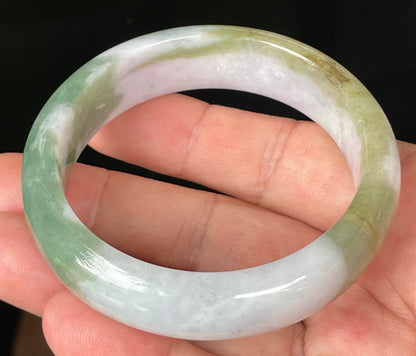 Natural Certified Burmese Jadeite Jade Bangle – Icy Greyish Milky White with Apple and Forest Green Hues – 58.6mm – JB095