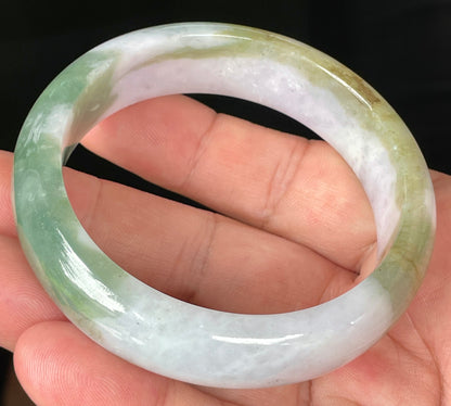 Natural Certified Burmese Jadeite Jade Bangle – Icy Greyish Milky White with Apple and Forest Green Hues – 58.6mm – JB095