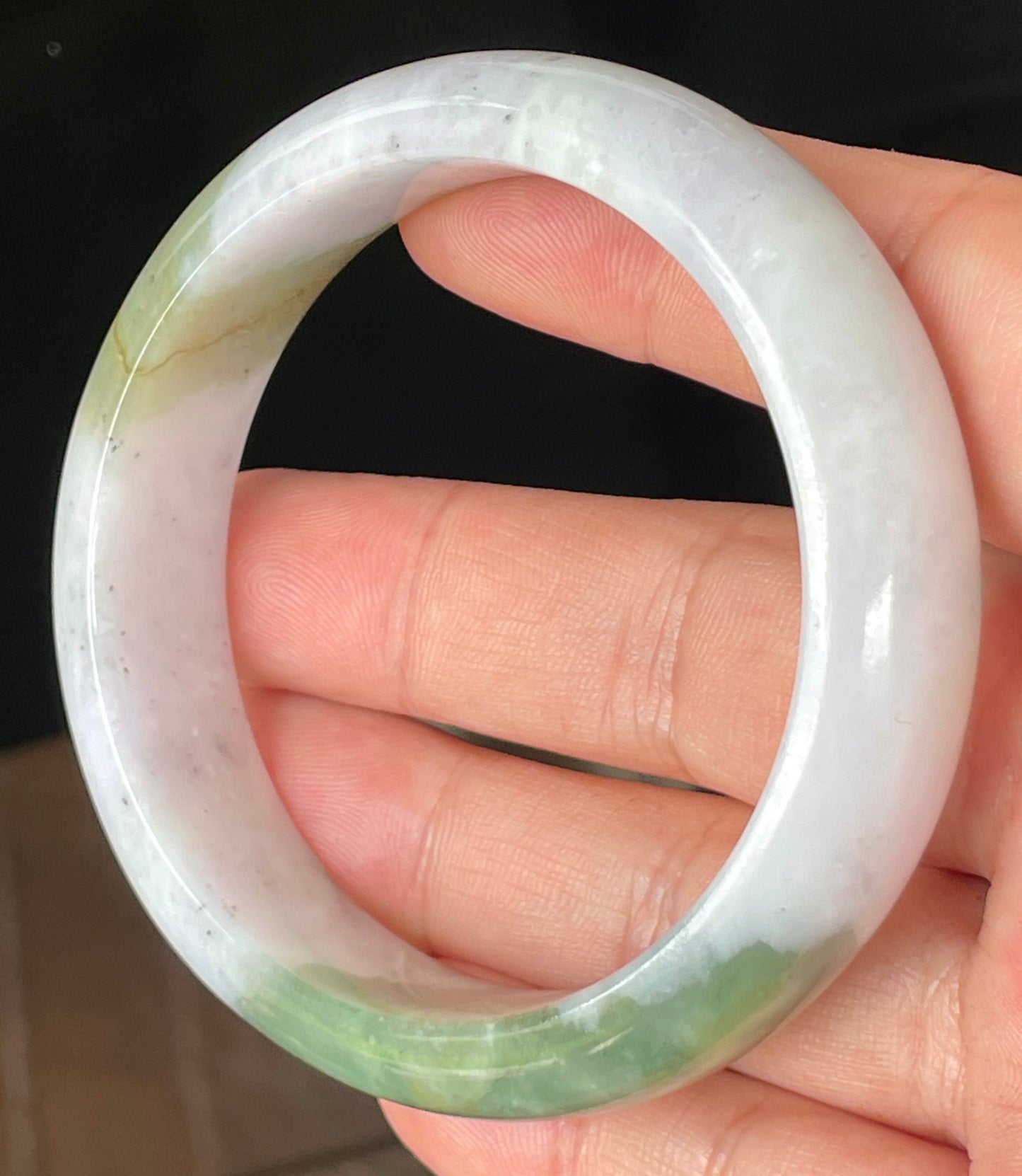 Natural Certified Burmese Jadeite Jade Bangle – Icy Greyish Milky White with Apple and Forest Green Hues – 58.6mm – JB095