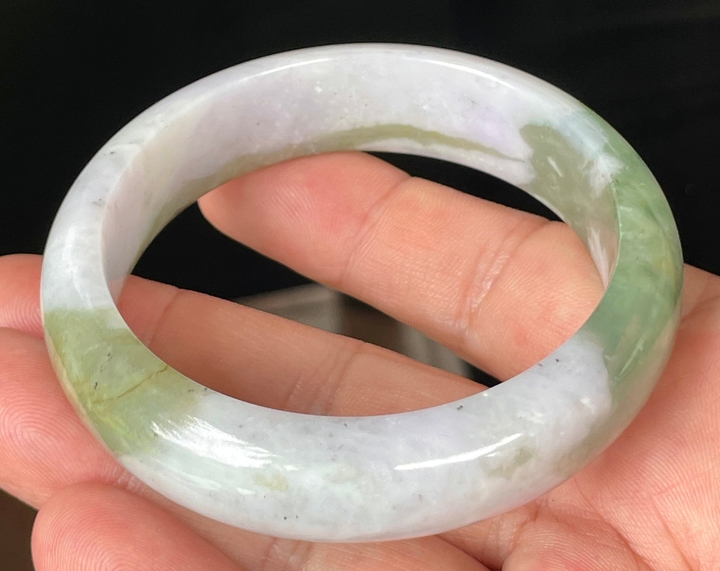 Natural Certified Burmese Jadeite Jade Bangle – Icy Greyish Milky White with Apple and Forest Green Hues – 58.6mm – JB095