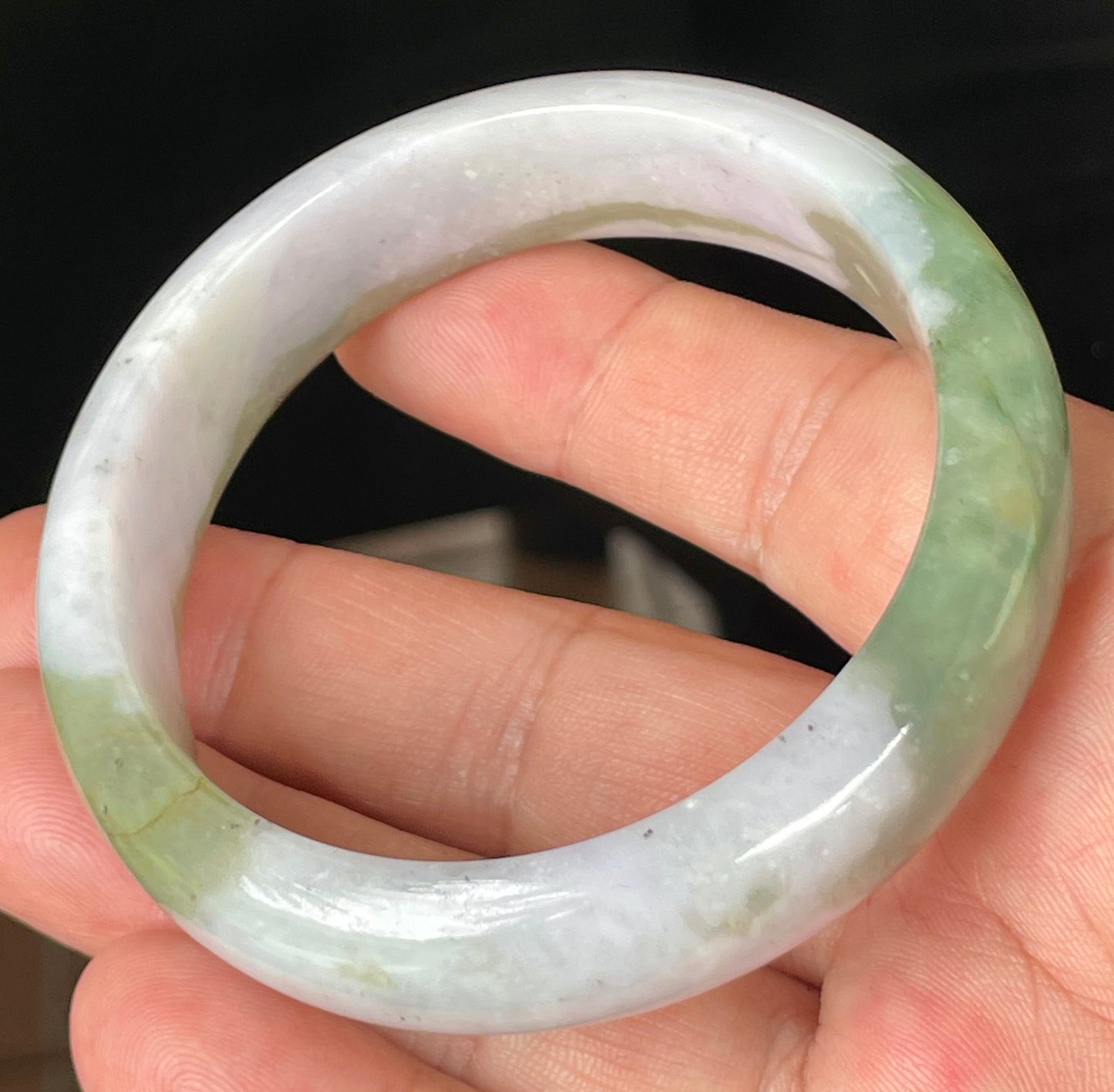 Natural Certified Burmese Jadeite Jade Bangle – Icy Greyish Milky White with Apple and Forest Green Hues – 58.6mm – JB095
