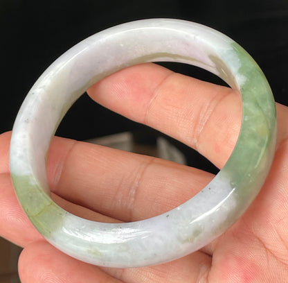 Natural Certified Burmese Jadeite Jade Bangle – Icy Greyish Milky White with Apple and Forest Green Hues – 58.6mm – JB095