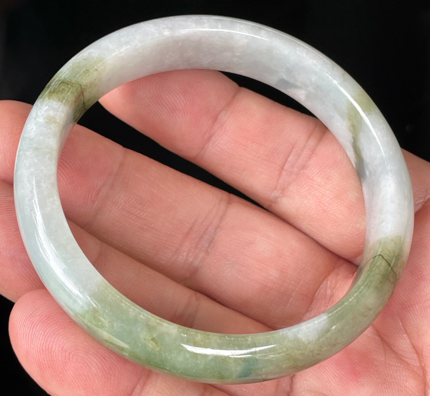 Natural Burmese Jadeite Jade Bangle – Icy Greyish Milky White with Apple Green Hues – 57 mm – JB360