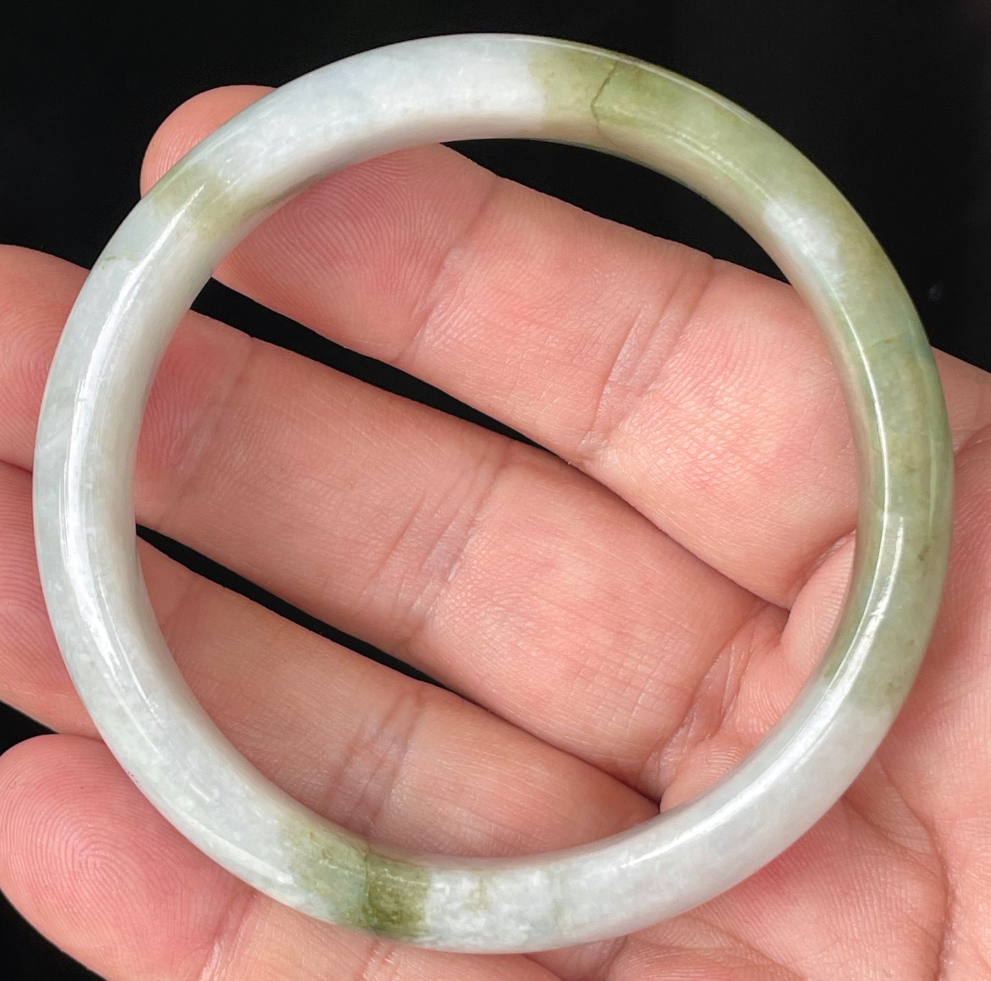 Natural Burmese Jadeite Jade Bangle – Icy Greyish Milky White with Apple Green Hues – 57 mm – JB360